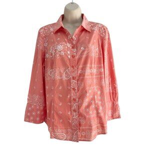 Coldwater Creek Woman's Sz L Orange White Bandana Print Button Up Shirt 3/4 Slv